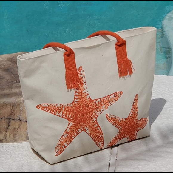 New large Canvas bag with starfish design. - Picture 1 of 2